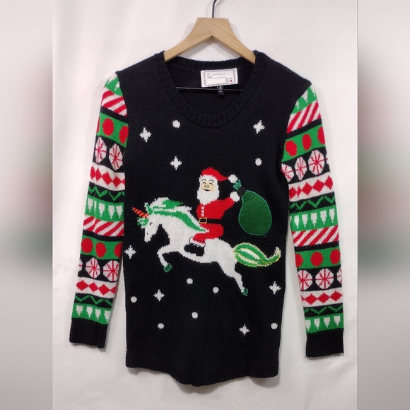 Ugly Christmas Sweater Santa Riding a Unicorn Women's S Multicolor Holiday Retro - Picture 2 of 9